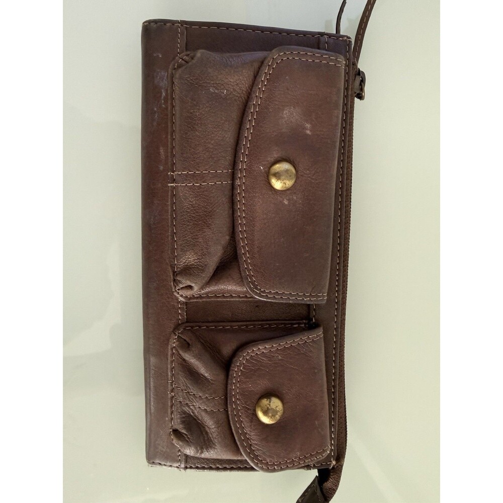 Vintage Brown Genuine Leather Multi Pocket Crossbody Bag Brass Hardware Boho